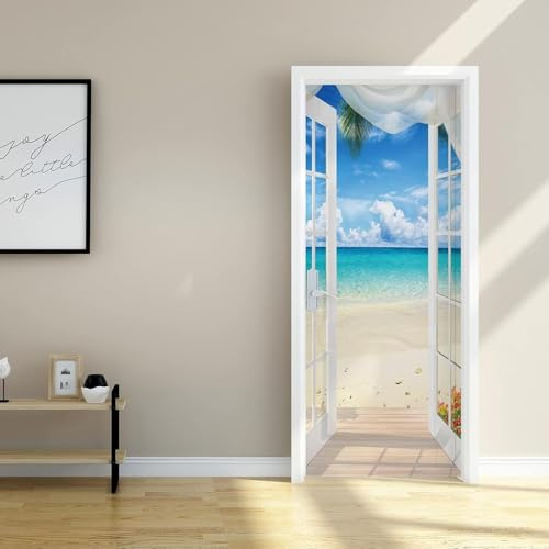Türaufkleber Selbstklebend 100x200cm Strand Meereslandschaft 3D Türtapete Wasserdicht Türposter Abnehmbar Türfolie für Schlafzimmer Wohnzimmer Küche Verschönern Dekoration