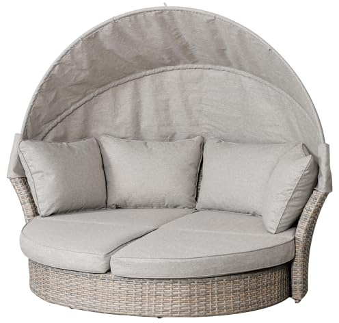 Sonneninsel SEATTLE - 195cm - greige - Polyrattan - inkl. Kissen drehbar | Platz für 2 Personen, 4 Kissen, 360° drehbar, fertig montiert, UV-beständig, belastbar bis 240 kg