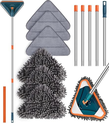 Escoba fregona, fregona Ajustable giratoria 360°, Escoba fregona Triangular con Mango telescópico, Escoba de Microfibra para Limpiar techos, Ventanas y Paredes.