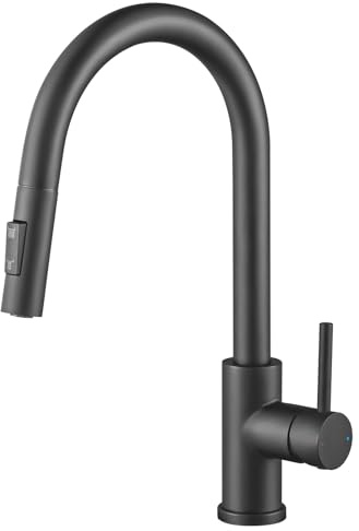 DERW Black Kitchen Tap, Kitchen Mixer Tap with Pull Out Sprayer | 2-Mode Spray, 360° Swivel Spout, Matte Finish, Ceramic Cartridge & Water Saving Aerator, Flexible Installation for Sink
