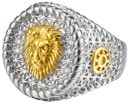 Bague en argent avec sceau de lion pour hommes - Élégant anneau rond en lion doré - Classique roche animale - Bijoux pour hommes, Acier inoxydable, Aucune pierre précieuse