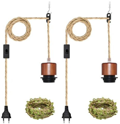 2 Stuck E27 Hanfseil Pendelleuchte mit Stecker, Natürliche Holzfarbe Lampenfassung mit Schalter, 5M HäNgendelampe Kit für Lampenschirm Geeignet Komplett mit einer 5M langen dekorativen Kordel in Grü