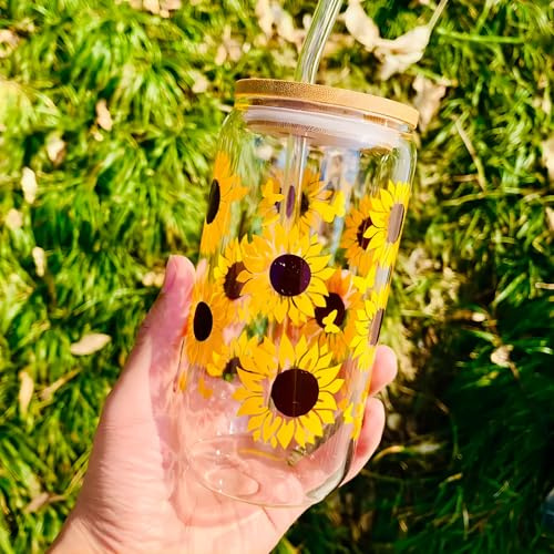 JZSMY Sunflower Glass Cup with Bamboo Lid and Straws, 17.6 oz Iced Coffee Tumblers Sunflower Drinking Bowl Beer Can Water Bottle Cute Tumbler Cup for Iced Coffee Clear Glass Cups for Home Essentials