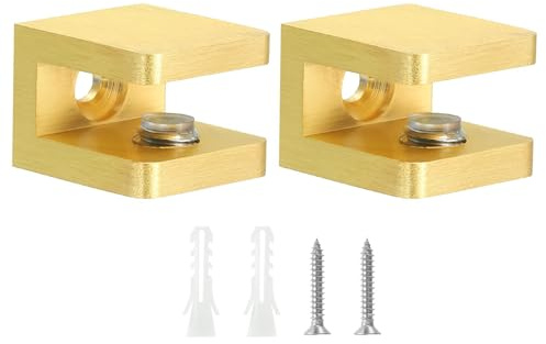 TA-VIGOR 2pcs 5-8mm Glass Clamp Adjustable Brass Shelf Brackets with Rubber Pads, No-Drill Shelf Supports with Screws for Bathroom, Cabinet, Wine Rack (Gold)