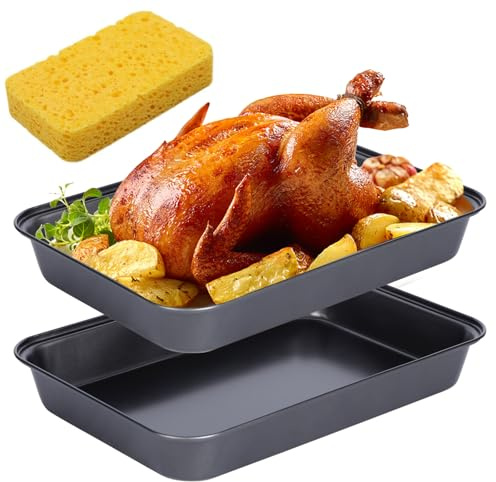 2 Pack Deep Roasting Trays for Oven, 37.5 x 25.5 x 5cm Non-Stick Carbon Steel Baking Trays, Large Oven Tray Set for Roast Dinner, Lasagne, Brownies and Cake, Easy Clean