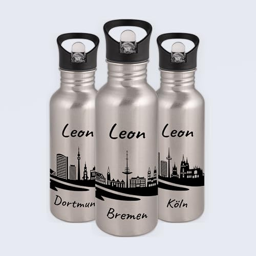 Gravur -Max Kinder Trinkflasche 600 ml personalisiert – auslaufsichere Edelstahl Trinkflasche mit Trinkhalm & Klappdeckel – leicht & robust - mit Skyline von Bremen & Wunschname bedruckt - Silber