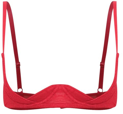 Jugaoge Dam spetsbehå 1/4 skal, bh, ouvert, underkläder, push-up, corsage justerbar spagettiband, bysthållare, brudunderkläder, bikiniöverdel, röd, XL