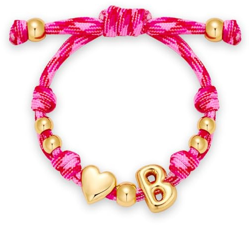 HolidayQbee Bubble Initial Bracelets for Women-Dainty 14K Gold-Plated Knotty Bubble Letter Initial Heart Bracelet Personalized Handmade Adjustable Rope Bracelets Jewelry Gifts for Valentine's Day