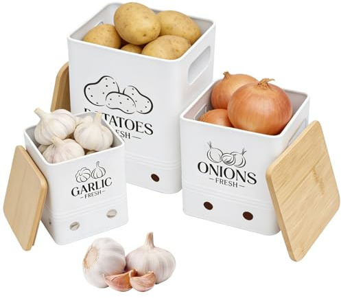 BAODBF 3 Stück Kartoffel Aufbewahrungsbox aus Karbonstahl(Weiß) | Stapelbare Vorratsdosen mit Bambusdeckel für Zwiebel Knoblauch Gemüse Frischebelüftung Lagerung Küche 18x15.5x23 cm