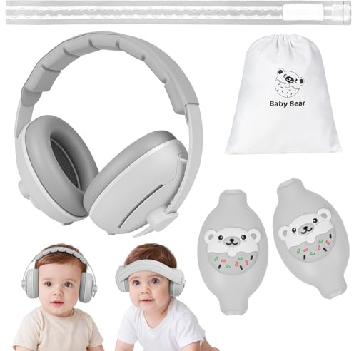 Adiwo 2-i-1 Baby öronförsvarare, halkfria babyhörlurar, brusreducerande hörlurar och pannband för spädbarn, ultramjuk och justerbar till 0-48 månader, hörselskydd för sömnresor, Grått, M