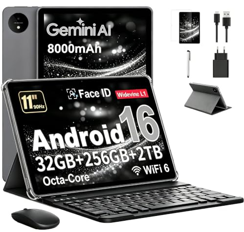 Tablette 11 Pouces avec Gemini AI, Tablette Android 16 avec Coque, Souris & Clavier, Octa-Core, 32 GO RAM + 256 GO ROM + 2 TO TF, 1920x1200 Écran HD, 90 Hz, Caméra Double 8MP + 16MP, 8000 mAh (Gris)