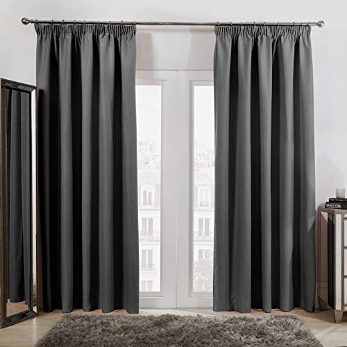 Dreamscene Pencil Pleat Blackout Curtains Set of 2 Thermal Tape Top Heading Panels, Charcoal Grey - Width 46 x Drop 54