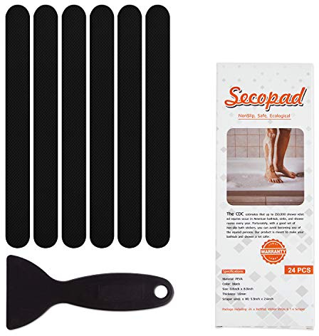 Secopad - 24 adesivi antiscivolo per doccia e vasca da bagno; strisce adesive di sicurezza con raschietto di alta qualità (Nero)