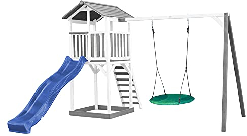 AXI Beach Tower Parco giochi in legno in grigio e bianco | Torre di gioco per bambini con sabbiera, altalena a nido e scivolo blu | Casa per bambini su palafitte per il giardino