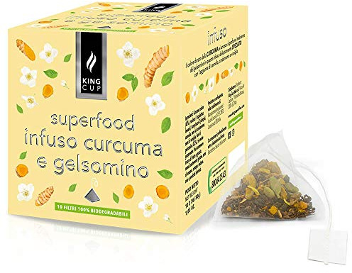 King Cup - Infusion de Curcuma et Jasmin, 4 Paquets de 10 Filtres Biodégradables, Mélange Relaxant avec Notes de Cannelle, Vanille et Cardamome, Superfood 100% Naturel, 40 Filtres