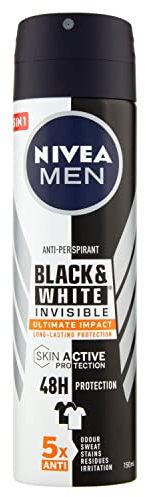 NIVEA MEN Black & White Invisible Ultimate Impact Spray 150 ml, Deodorante uomo 72h, Deodorante spray antitraspirante contro odori, sudore, residui, irritazioni e macchie su tessuti chiari e scuri