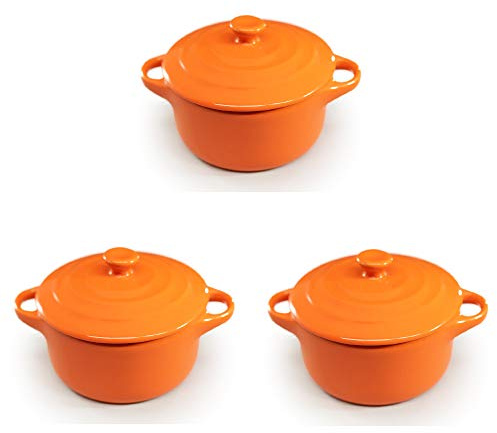 Hobby Tech Lot de 3 Mini Cocottes Oranges Céramique Double Poignées avec Couvercle 13,5cm x 8cm Contenance Moule 200ml Ramequin Résistant Haute Température Four pour Petits Plats