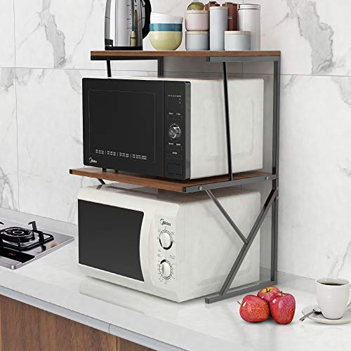 nozama 3 Tier Wooden Microwave Stand Shelf with Metal Frame Kitchen Storage Shelf Rack Home Office 3 Tier Storage Stand Rack for Printer and Microwave
