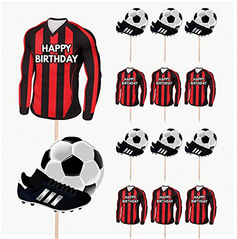 AK Giftshop Football Birthday Cupcakes Cake & Food Decorations Party Picks Toppers - RED and Black Stripes Team Colours (Pack of 14)