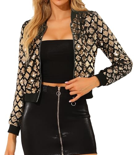 Allegra K Damen Party Glitzerjacke Bomberjacke Pailletten Glitzer Langarm Reißverschluss Club Kurze Jacke Gold L