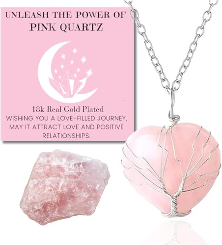 HALUKAKAH Collar de Piedras de Cristal para Mujer Cuarzo Rosa Natural Platinado Latón Hecho a Mano Árbol de la Vida Forma de Corazón Colgante de 30x40mm, con Cadena de 50cm