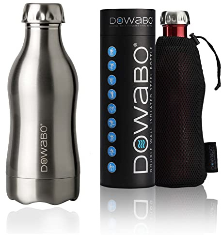 Dowabo Isolierflasche Metallic Collection, Pure Steel 350 ml | Edelstahl Trinkflasche, hält 12 h heiß und 24 h kalt, BPA-frei, kohlensäuredicht, auslaufsicher, inkl. Bottle-Bag