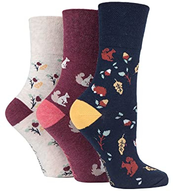 SockShop Gentle Grip Ladies Fun Feet Non-Binding Honeycomb Gentle Top Novelty Patterned Socks in a Multipack of 3 Assorted Colours Size 4-8 Autumn Leaves 4-8