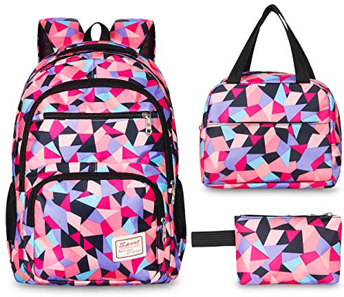 Sarsumir Mochila Escolar Infantil para Niña Niño, 3 Piezas Mochilas Escolares Adolescentes Set, Backpack Mochila Colegio Impermeable con Bolsa de Almuerzo y Estuche para Lápices, Morado