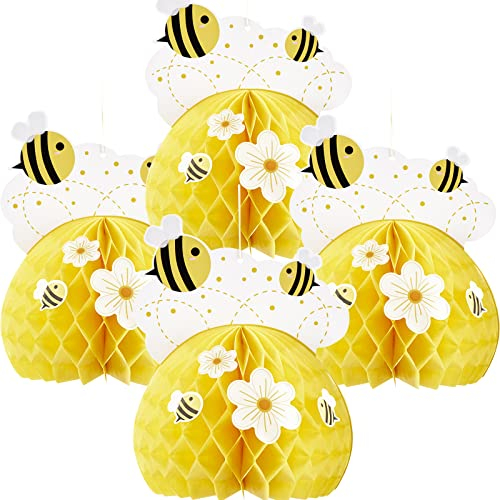 EASY JOY 4Pcs Bee Honeycomb Centerpieces Yellow Table Centerpieces Decorations Spring Tissue Paper Honeycomb with Sunflower Stickers for Bee Themed Garden Party Baby Shower Birthday Party Decorations