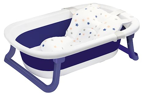Babybadewanne für Neugeborene mit Ablassstopfen, faltbare Kleinkindbadewanne mit weicher Kissenauflage, tragbare Babybadewanne mit integrierter rutschfester Unterstützung (Blau)
