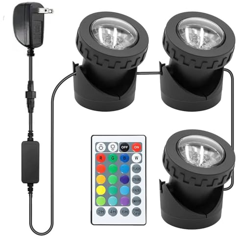 TENSUL Luces de estanque de colores con temporizador, luces de fuente RGB IP68 impermeables, luz de estanque, luces regulables de paisaje al aire libre para pecera, estanque, fuente, jardín, 3 luces