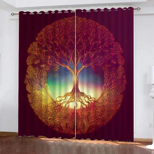 VULORA Lebensbaum Gardinen Blickdicht Vorhang Jahrgang Thermo Vorhänge mit Ösen für Schlafzimmer Wohnzimmer Polyester Verdunklungsvorhänge Modern Kindergardine 150x166cm(BxH), 2er Set