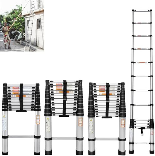 5M Telescopic Folding Ladder Aluminium Telescopic Ladder 95cm to 5m 12 Rungs Multi-Purpose Extendable Ladder with Non-Slip Feet & One Button Retraction Extension Ladder for Home,Attic,Garden