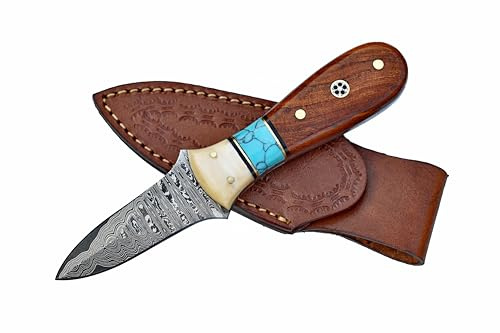 Silver Edge Knives Damascus Steel Oyster Shucking Knife Handmade Oyster Shucker Knife Oyster Opener Tool wood, Bone and Turquoise Handle With Leather Sheath