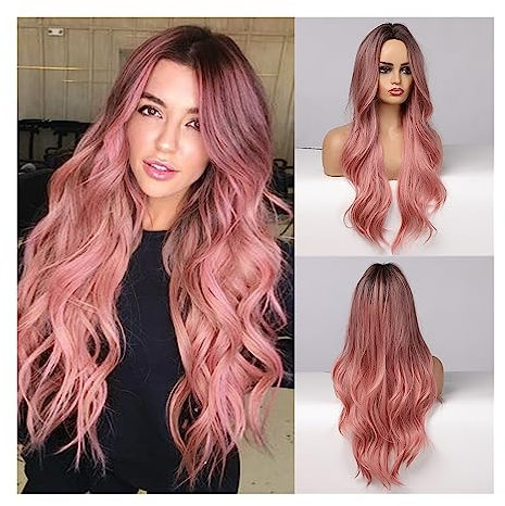 Peluca Pelucas sintéticas largas de color rosa degradado for mujer, pelucas de Cosplay onduladas de parte media, peluca de pelo Natural, peluca rosa roja resistente al calor Peluca Hombre