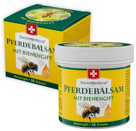 SwissMedicus Pferdebalsam mit Bienengift & 25 Kräuter - gleichzeitig kühlen und wärmen - zur Massage der Haut im Bereich beanspruchter Rücken & Gelenke (150 ml)