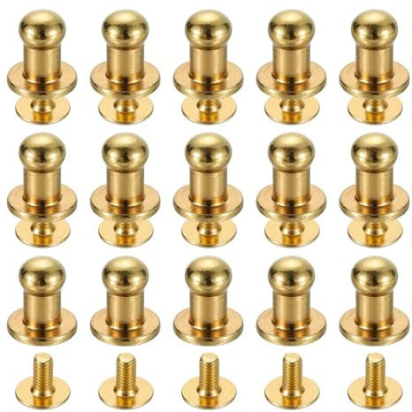 QUARKZMAN 15 Juegos de Remaches de Cabeza de Bola de Latón, Tornillo de 5 mm de Diámetro, Remache de Botón con Espalda de Rosca para Manualidades en Cuero, Dorado
