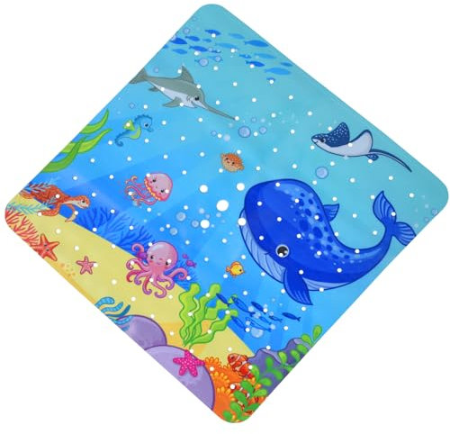 OTraki Tappetino Vasca Antiscivolo, 53x53cm Tappetino da bagno del mondo degli animali marini, tappeto doccia antiscivolo dei cartoni animati con fori di scarico e ventose, lavabile in lavatrice, Blu