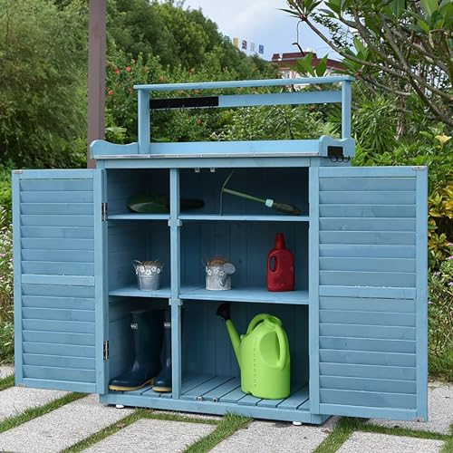 Garten-Pflanztisch, Pflanzarbeitsplatz aus Holz mit Ablage, Pflanzarbeitsplatz mit Metalltischplatte und Abnehmbarem Regal, für Garten, Terrasse, Gewächshaus(Color:Blue)