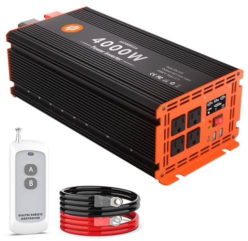 4000 Watt Power Inverter 12V DC to 110V/120V AC Converter Peak Power 8000W Car Inverter with LCD Display 4 AC Outlets, 2 USB & Type-C Port for RV,Truck,Off-Grid Solar System with Remote Controller