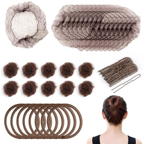 90Pcs Hair Bun Net Set, Incluede 40 Invisible Ballet Hair Nets with 10p Elastic Hair Tie and 40 Hair Pin, Elastic Mesh Hairnets Hair Styling Accessories for Ballet Dancer Women Child (Brown)