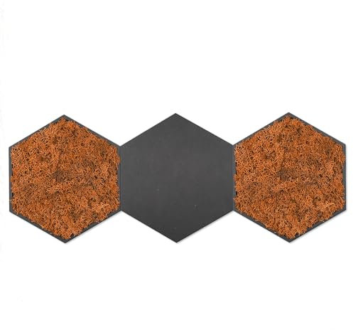 ebenkunst | Moosbild - Hexagon 3er Set Starter Advanced - Wanddekoration aus Holz, HDF-Holz-Schwarz, 10mm stark, konserviertes Moos, handgefertigte Wandkunst (Orange)