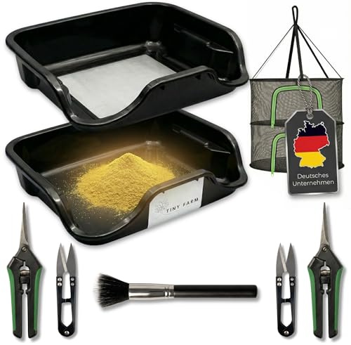 Trimmschale Set Trim Bin mit Netz, Trimmscheren & Pollensieb, TINY FARM | Komplettset zum Ernten und Trimmen: Schalen, 4 Trimmscheren, XXL-Trockennetz & 150-Mikron-Pollensieb, alles für Grower dabei