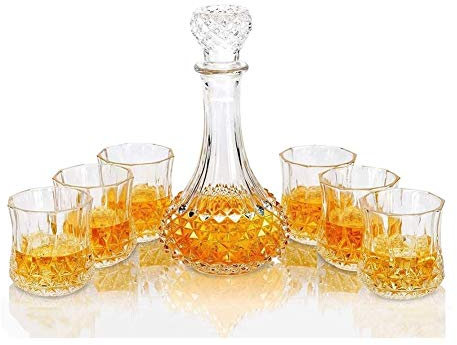 Ensemble de carafes à whisky pour hommes, ensemble de carafes et de verres à whisky, carafe à whisky en cristal sans plomb de 600 ml avec 6 verres à whisky de 300 ml, pour liqueur de whisky, 7 pièce