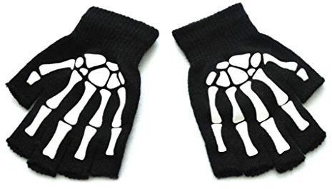 PEILINZE Kinder-Handschuhe, Winterhandschuhe, Kleinkinder, Halloween, Cosplay, Skelett, Totenkopf, Halbfinger-Handschuhe, leuchtet im Dunkeln, fingerlose Winter-Fäustlinge