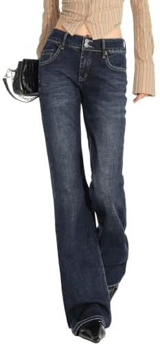 EMMIOL Low Rise Flare Jeans for Women Stretchy, Y2k Bell Bottoms Mid-Low Waisted Boyfriend Bootcut Flared Baggy Denim Pants,Blue,Medium