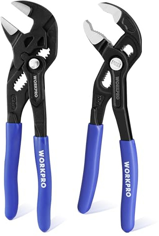 WORKPRO 2-Pack Water Pump Pliers & Adjustable Plumbers Wrench Set, 42 mm & 40 mm Wide Opening Groove Joint Plier Set, 180 mm V-Jaw Quick Adjustable Pliers, Pipe Grips Tools for Home Repair & Plumbing
