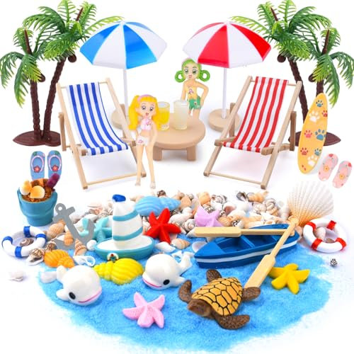 USHOP 38 Piezas Playa Micro Paisaje,Decoración de Playa,Micro Paisaje de Playa,Silla de Playa Sombrilla Palmera,Juego de Playa en Miniatura Accesorios para Casa de Muñecas