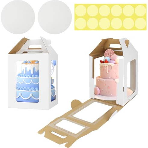 2 Pack Tall Cake Boxes for Tier Cakes with Cake Boards, 10x10x12 Inch 2 Tier Cake Box Tall Cake Carrier Large Tiered Cake Box with Handle for Valentine's Day, Mother's Day, Wedding, Birthday Party