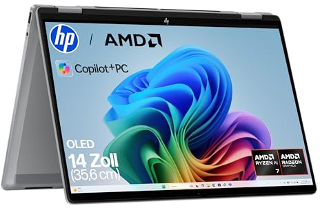 HP OmniBook X Flip 2in1 Next Gen AI Laptop| AMD Ryzen AI 7 350 (8C) | dedizierte NPU für KI | 50 NPU Tops | Copilot+ PC | 14 3K 2880x1800 OLED-Touchscreen | 16GB | 1TB SSD | Win11 | QWERTZ | Silber